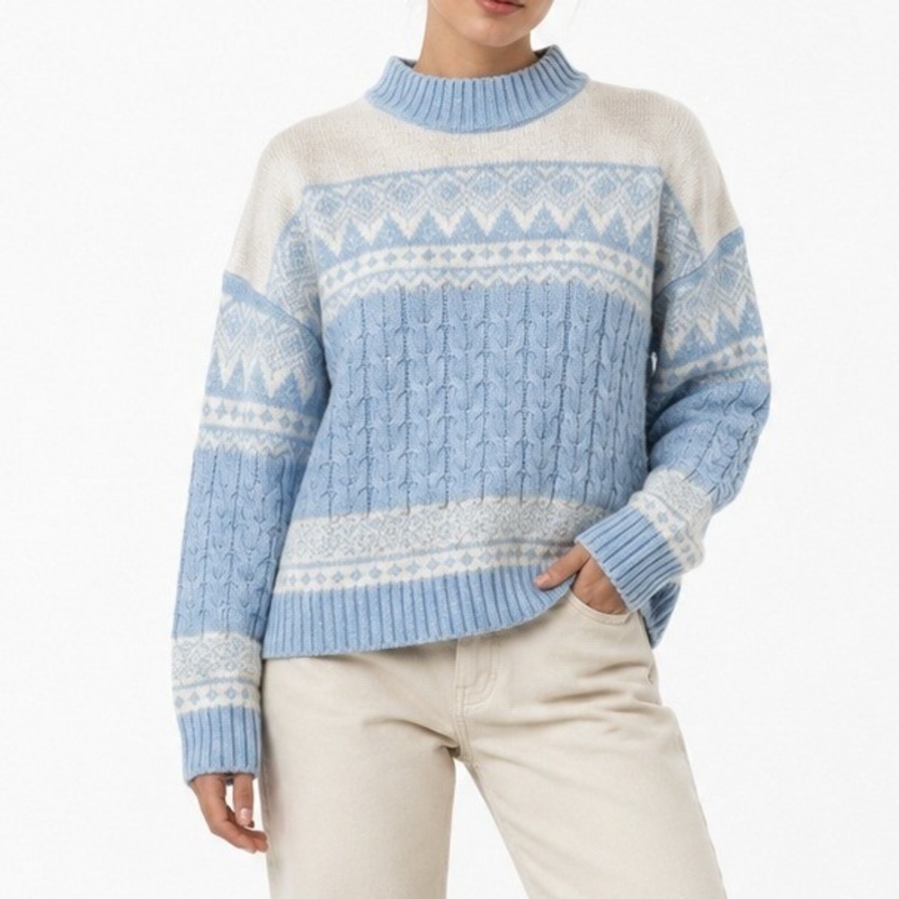 Madden Girl Sweater Women XL Blue Fair Isle Cable Knit Mock Neck Pullover 5565